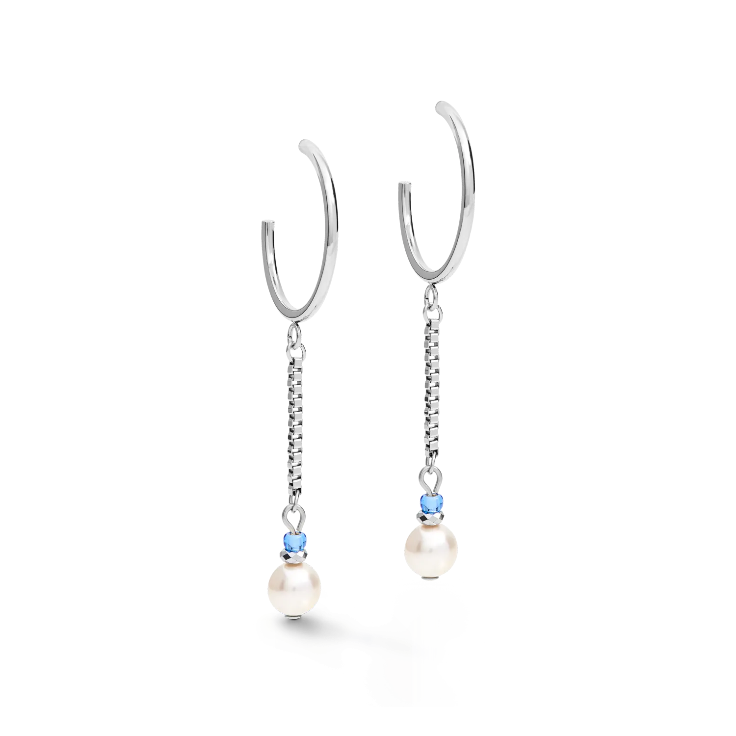 Earrings Creole Ypsilon Chain Crystal Pearl, Crystals & stainless steel silver-light blue