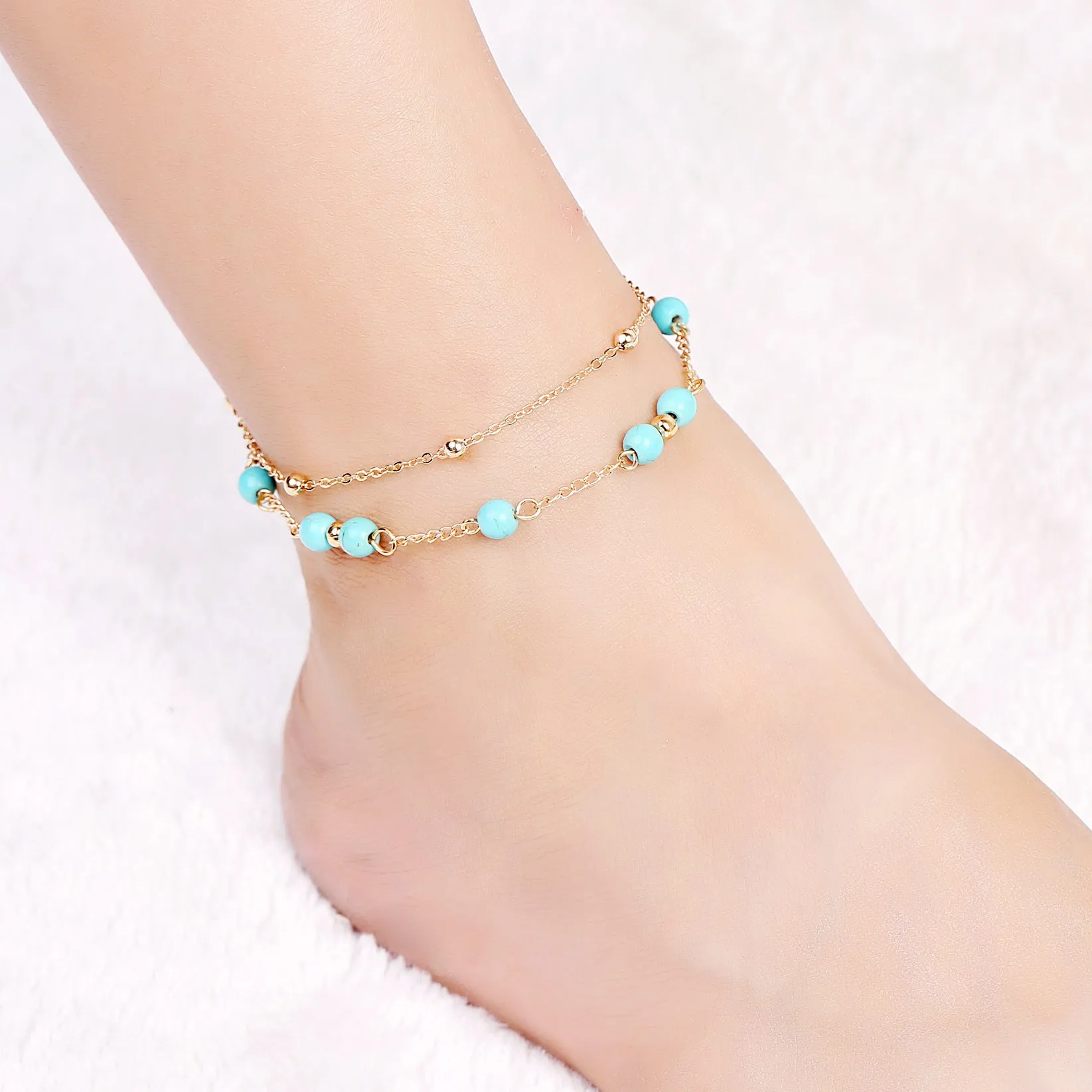 European and American simple turquoise double-layer foot chain