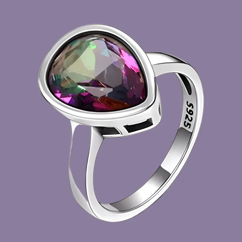 Exquisite 925 Sterling Silver Rainbow Mystic Topaz Water Drop Rings - Perfect Anniversary Gift for Her