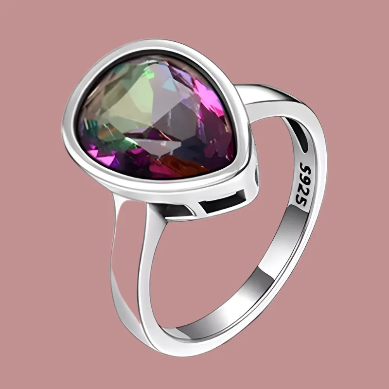 Exquisite 925 Sterling Silver Rainbow Mystic Topaz Water Drop Rings - Perfect Anniversary Gift for Her