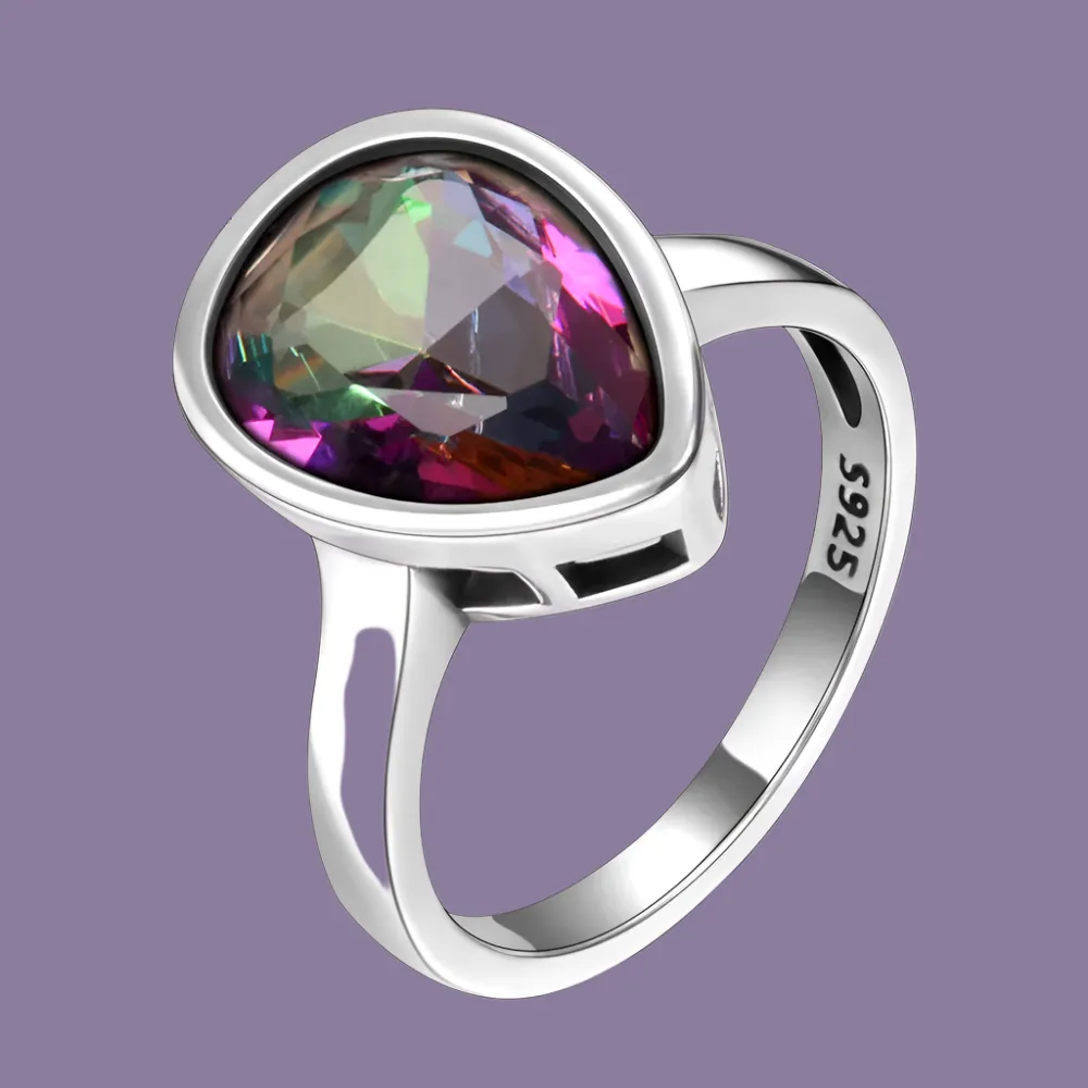 Exquisite 925 Sterling Silver Rainbow Mystic Topaz Water Drop Rings - Perfect Anniversary Gift for Her