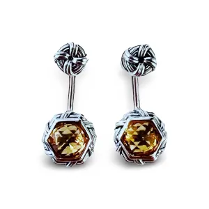 Fantasies Hexagon Push Pin Drop Earrings in sterling silver with citrine