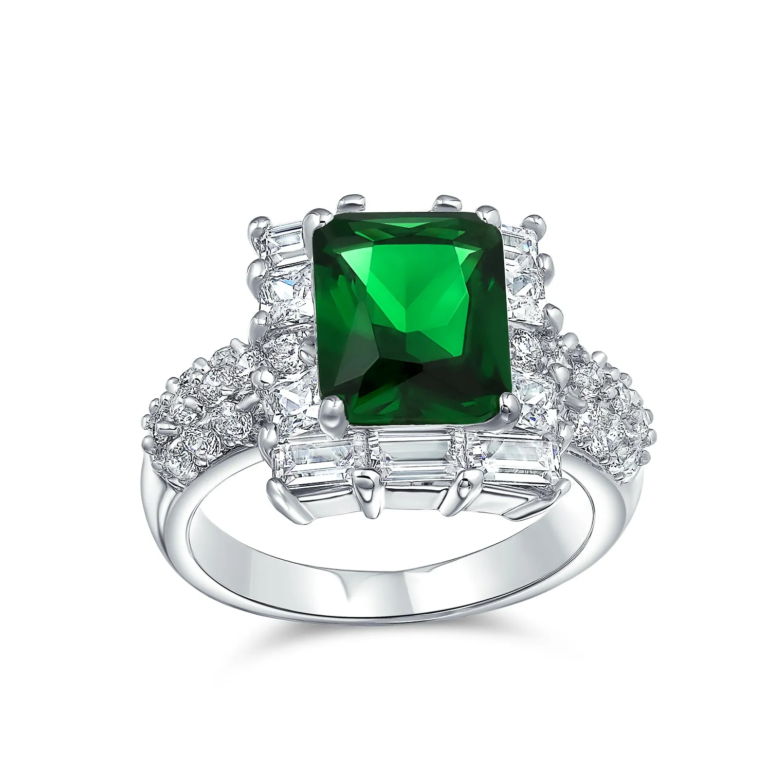 Fashion Rectangle CZ Pave Simulated Emerald 5CT Cocktail Statement Ring Silver Plated