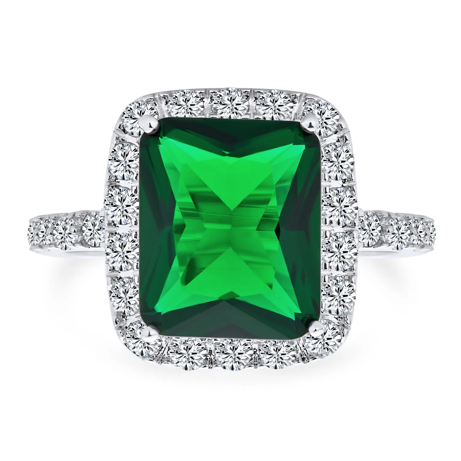 Fashion Rectangle Solitaire CZ Pave Halo Emerald Cocktail Statement Ring Silver