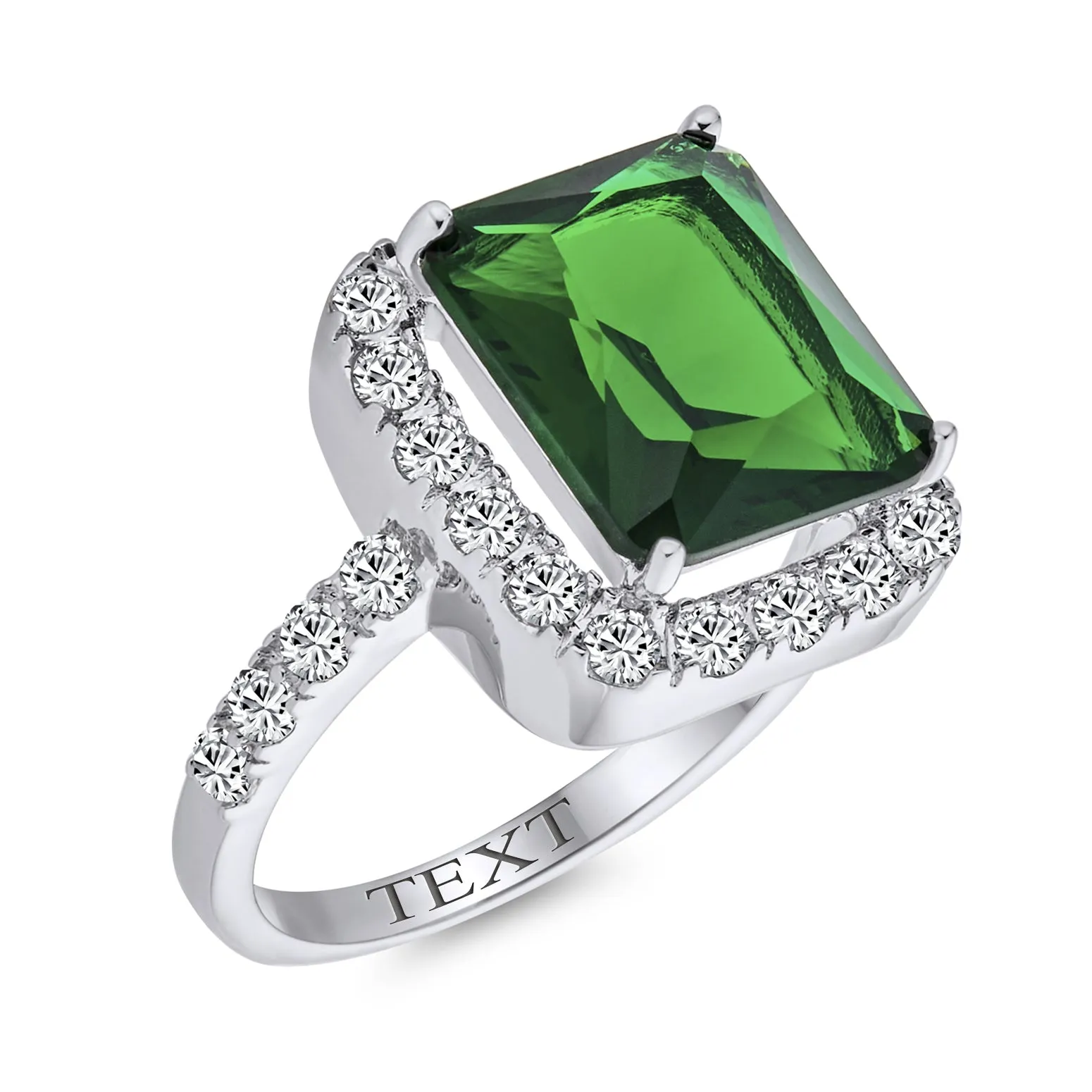 Fashion Rectangle Solitaire CZ Pave Halo Emerald Cocktail Statement Ring Silver