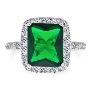 Fashion Rectangle Solitaire CZ Pave Halo Emerald Cocktail Statement Ring Silver