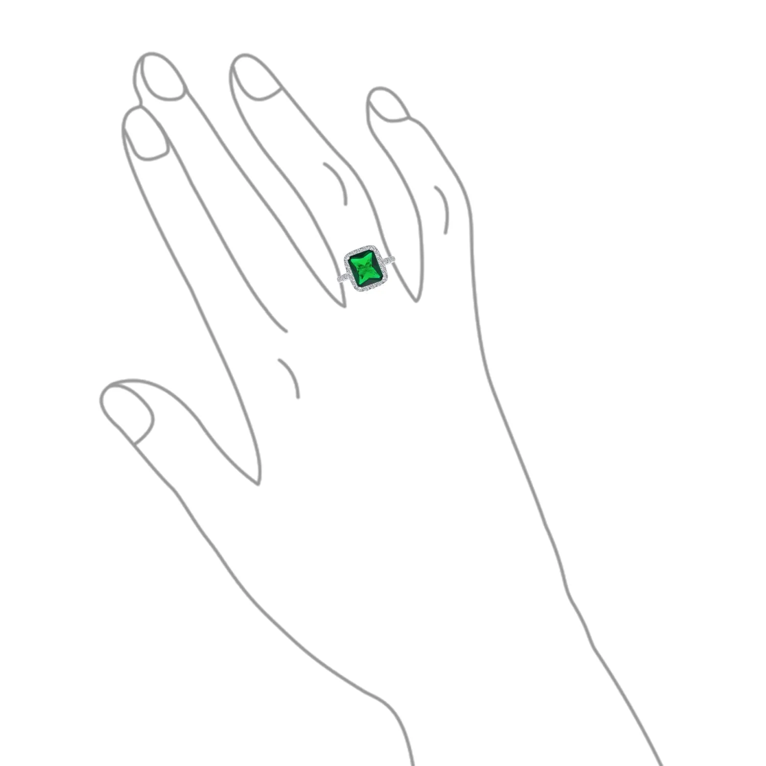 Fashion Rectangle Solitaire CZ Pave Halo Emerald Cocktail Statement Ring Silver