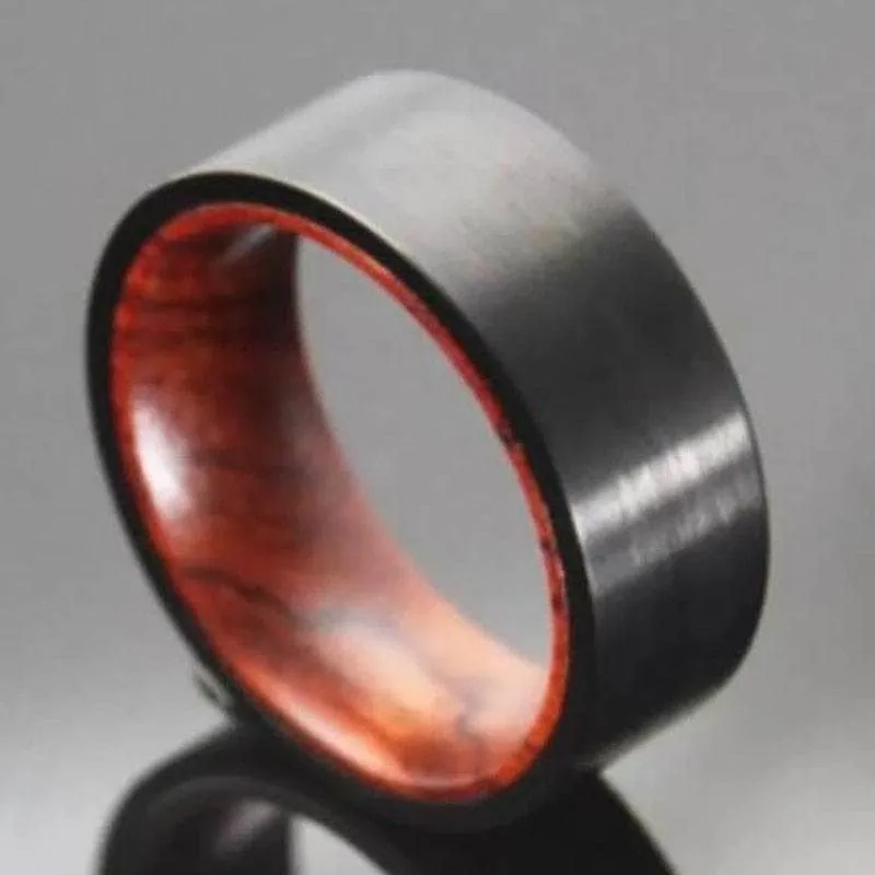 Flat Black Tungsten Wedding Band with Inner Red Sandalwood