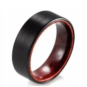 Flat Black Tungsten Wedding Band with Inner Red Sandalwood