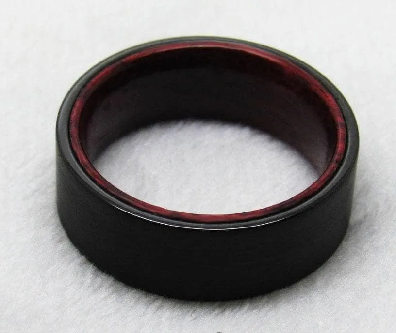 Flat Black Tungsten Wedding Band with Inner Red Sandalwood