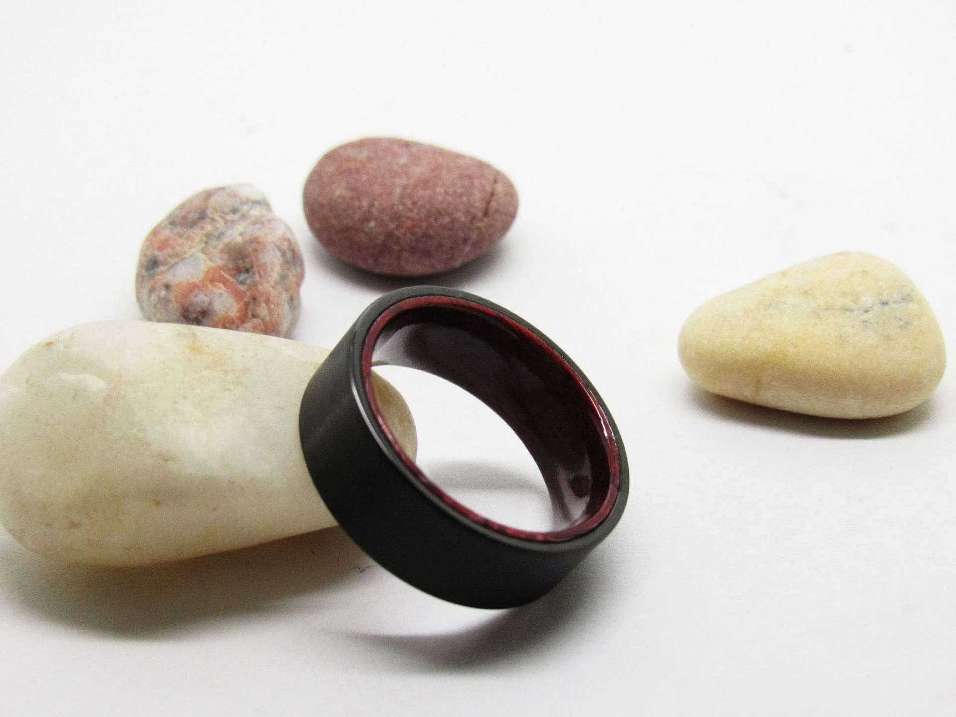 Flat Black Tungsten Wedding Band with Inner Red Sandalwood