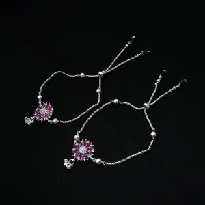 Floral Silver Anklet with Pink Stones, Green Accents, Ghungroo.