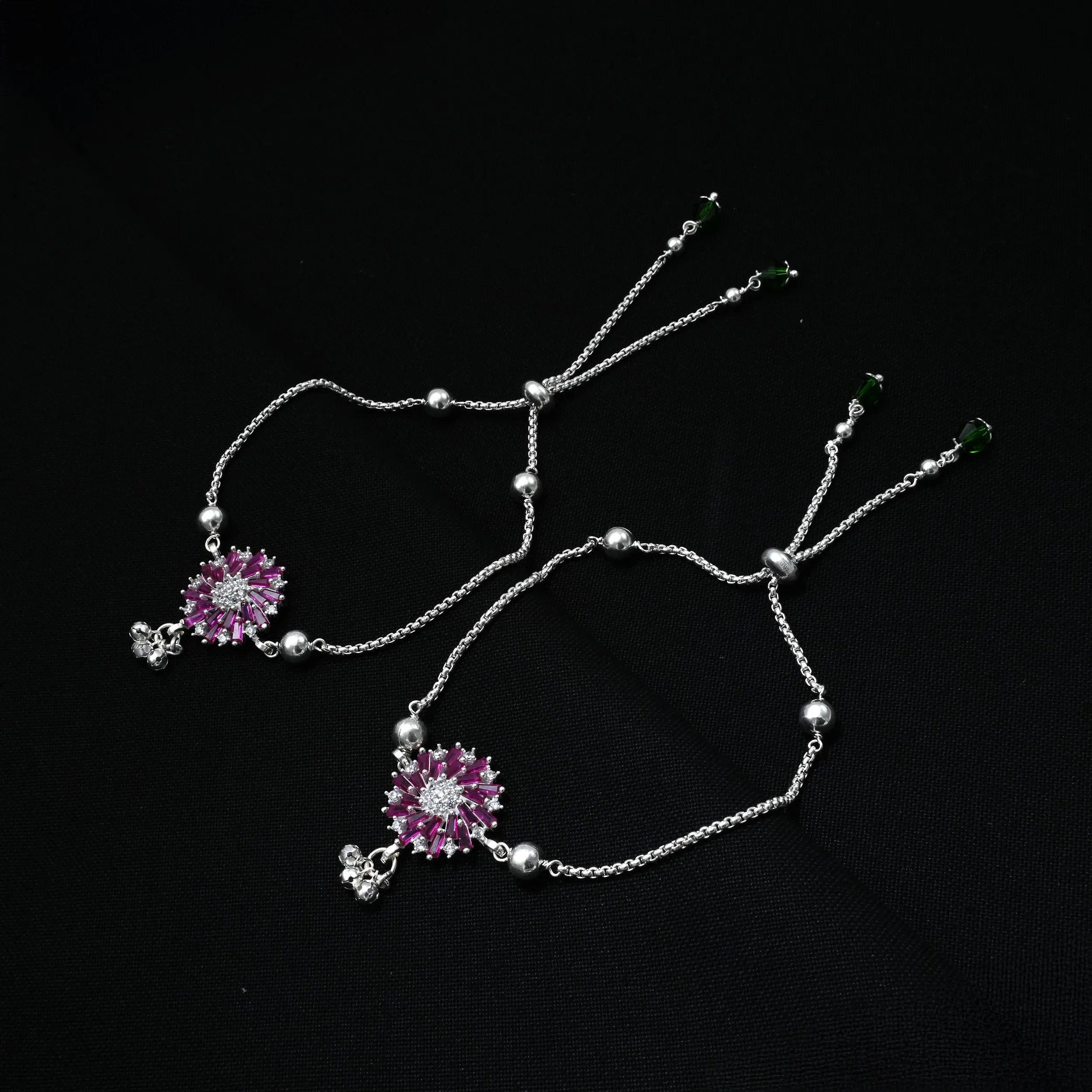 Floral Silver Anklet with Pink Stones, Green Accents, Ghungroo.