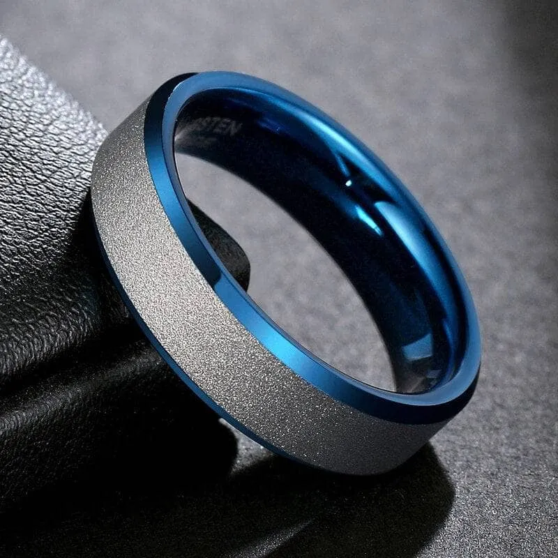 Frosted Blue & Silver Tungsten Carbide Wedding Band