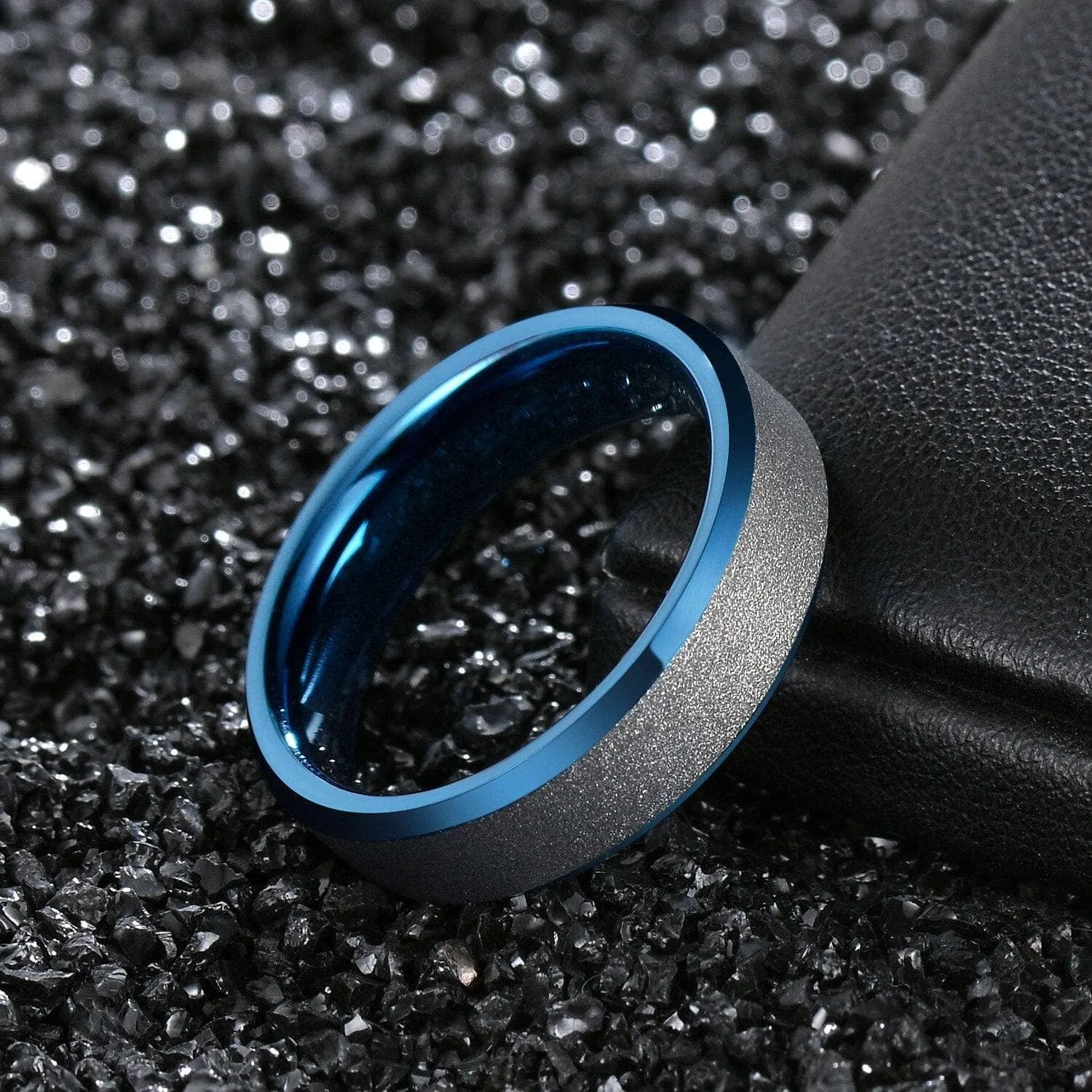 Frosted Blue & Silver Tungsten Carbide Wedding Band