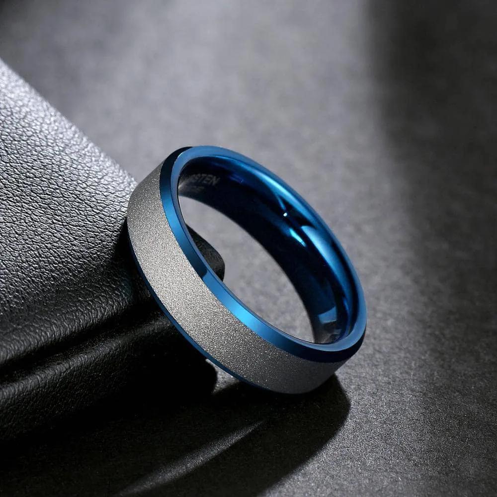 Frosted Blue & Silver Tungsten Carbide Wedding Band