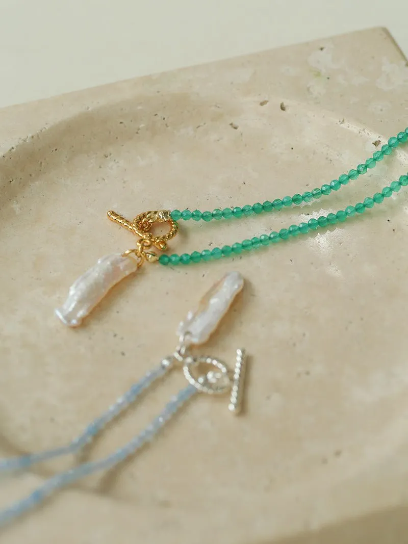 Gemstone and Toothpick Baroque Pearl OT Clasp Pendant Necklace