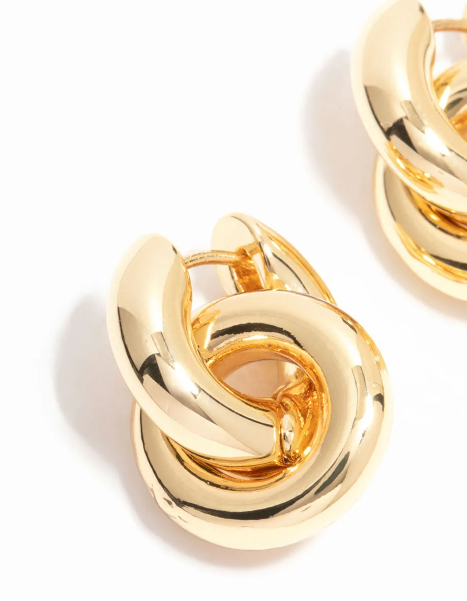 Gold Plated Double Ring Huggie Drop Earrings