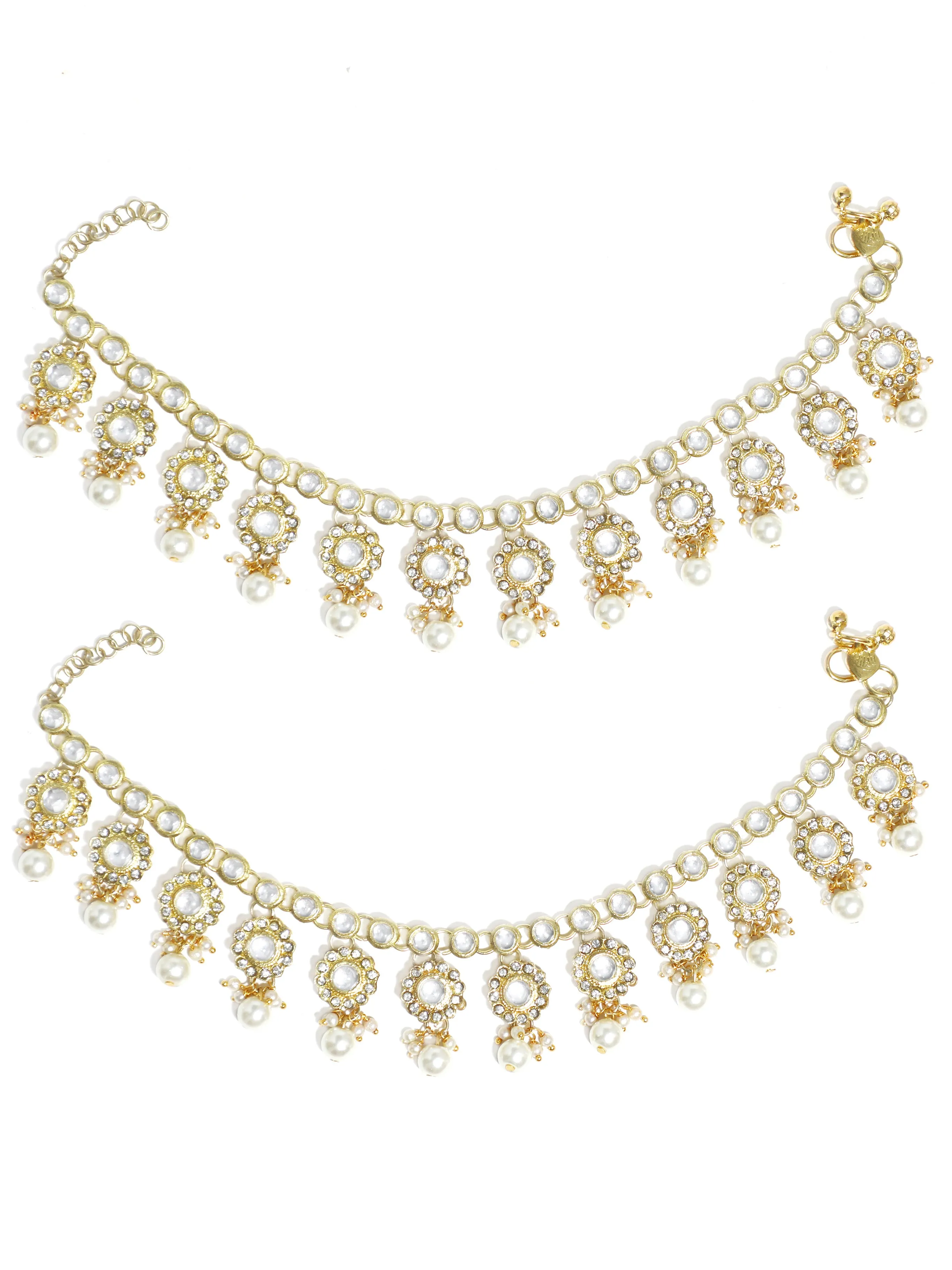 Gold-Plated Kundan & Pearls Studded Handcrafted Anklets