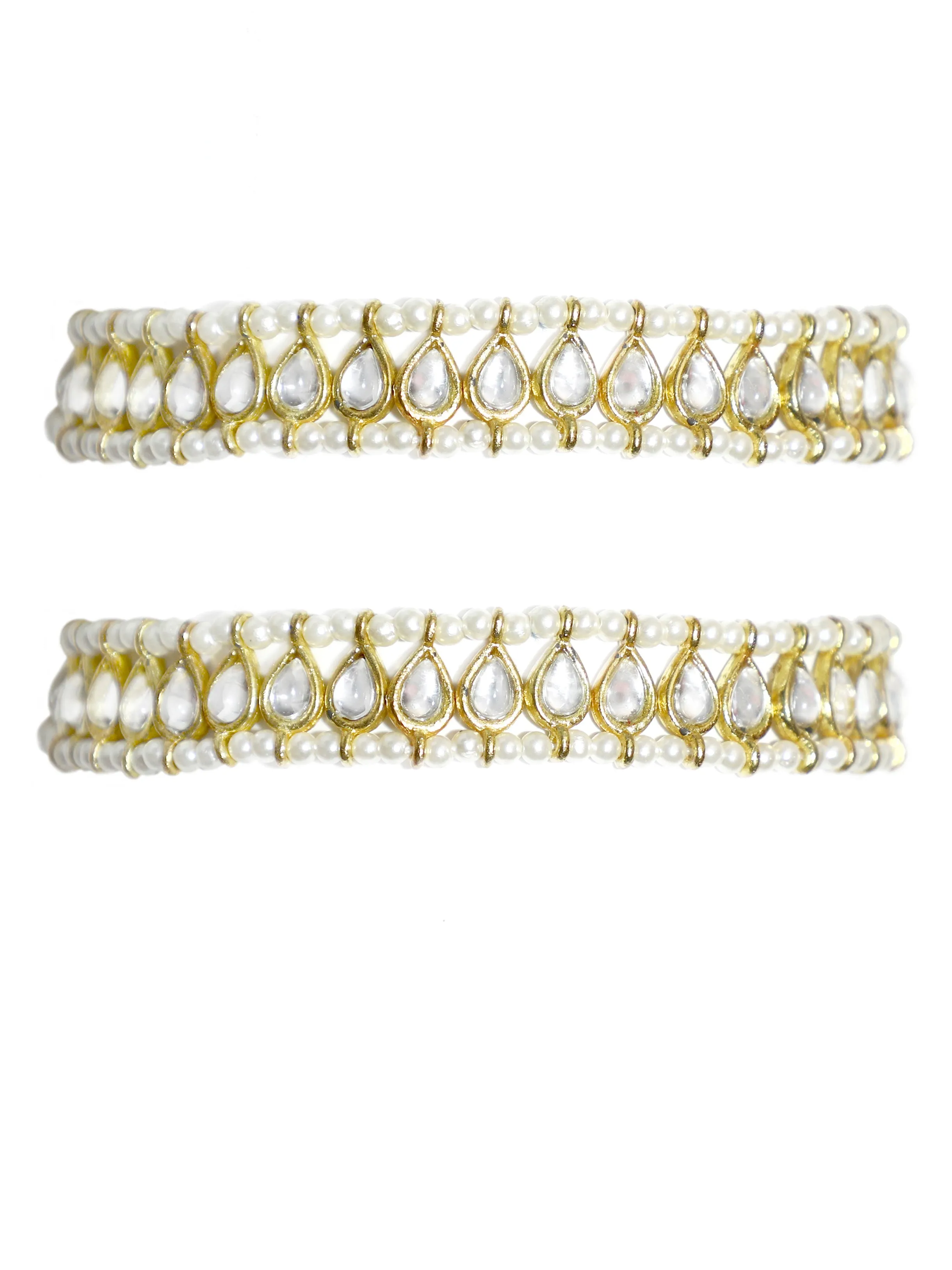 Gold Plated White Kundan-Studded Beaded Anklets