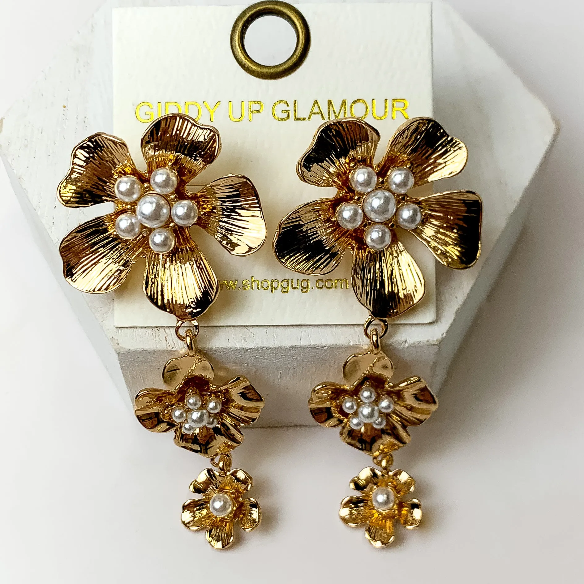 Gold Tone Three Tiered Flower Earrings With a Pearl Center