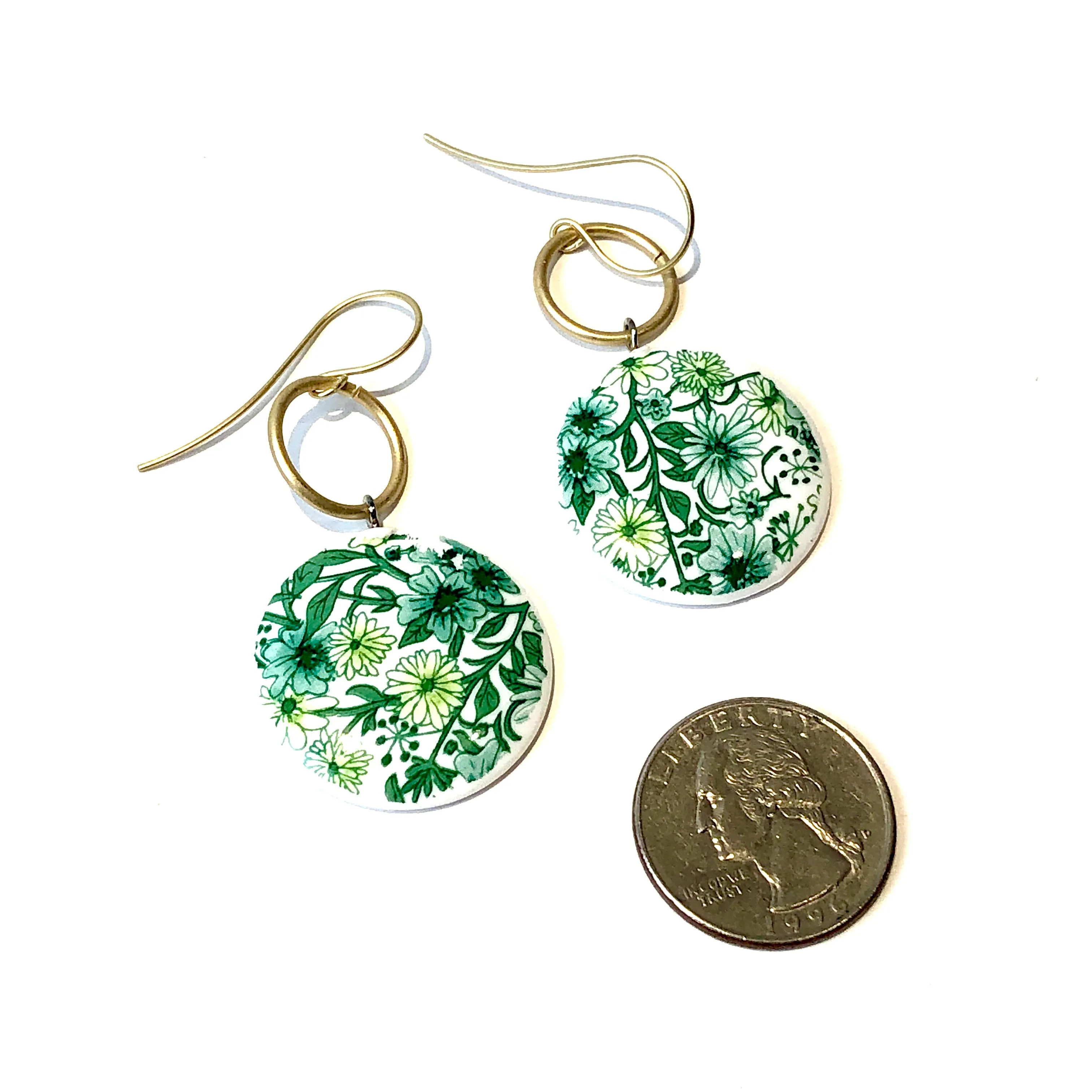 Green & White Floral Ring Earrings