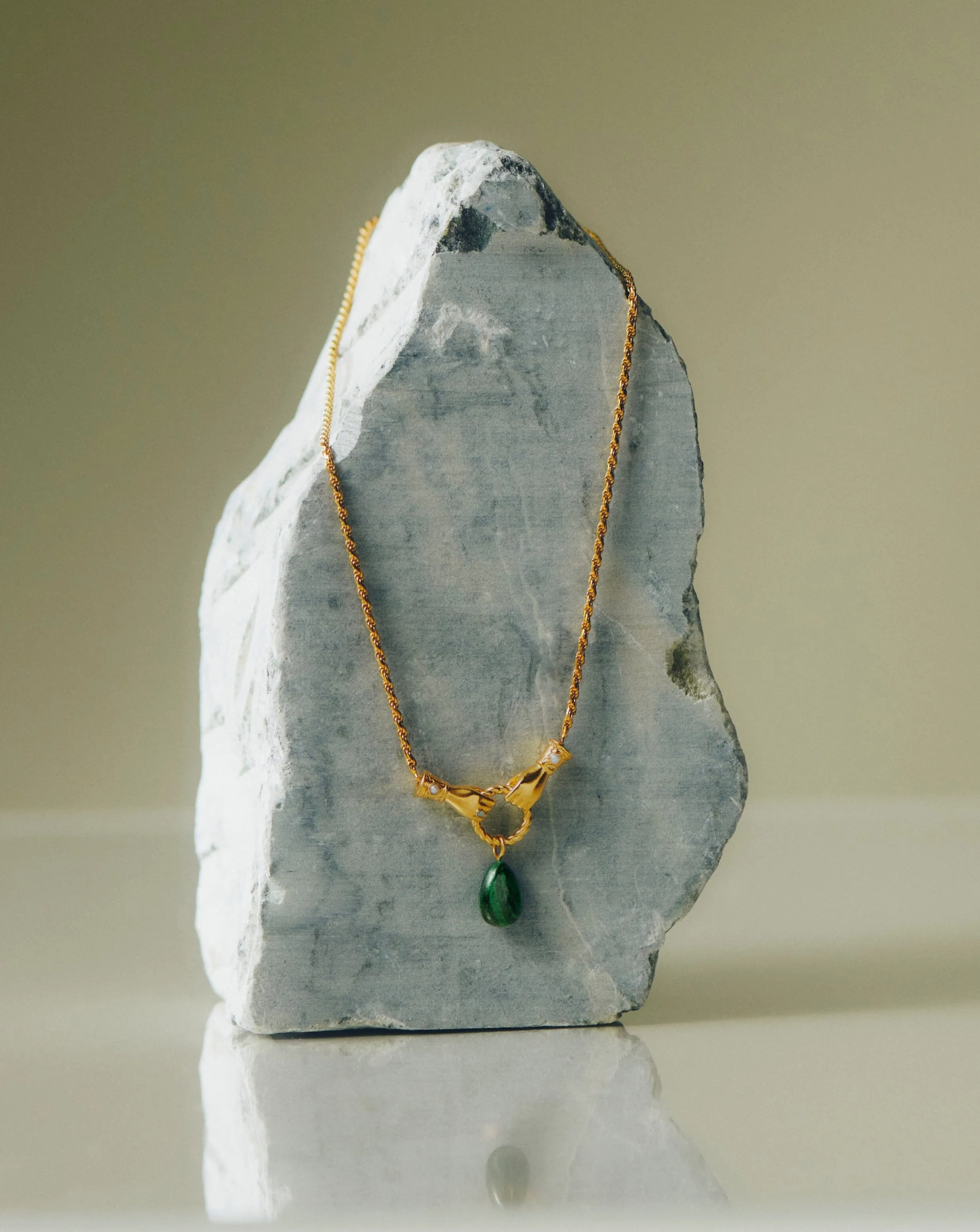 Harris Reed In Good Hands Drop Pendant Necklace | 18ct Gold Plated/Malachite & Pearl