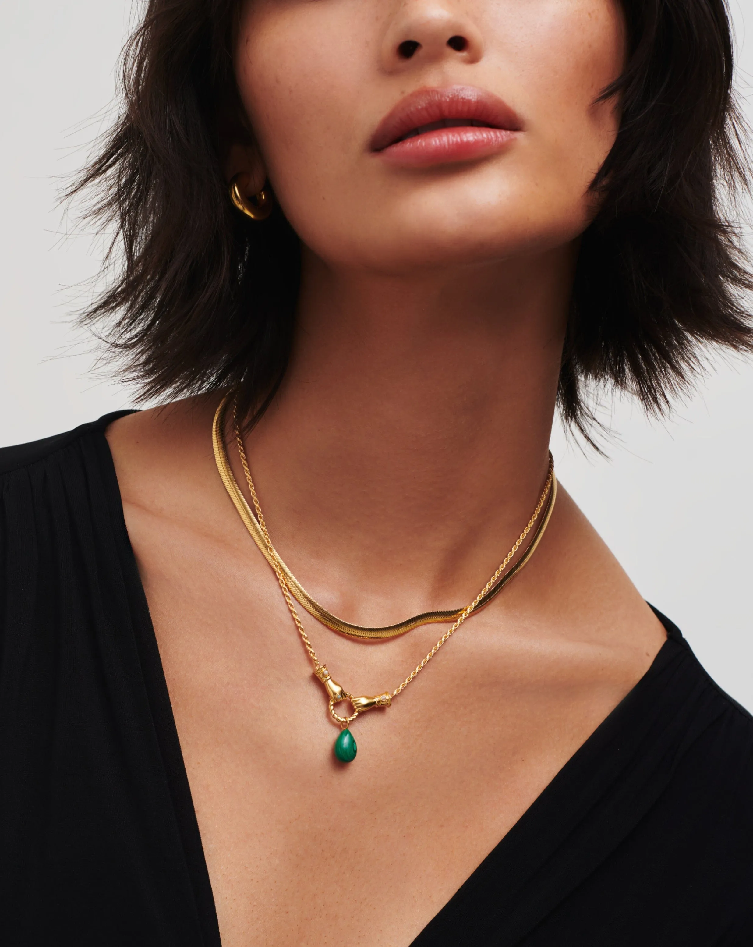 Harris Reed In Good Hands Drop Pendant Necklace | 18ct Gold Plated/Malachite & Pearl