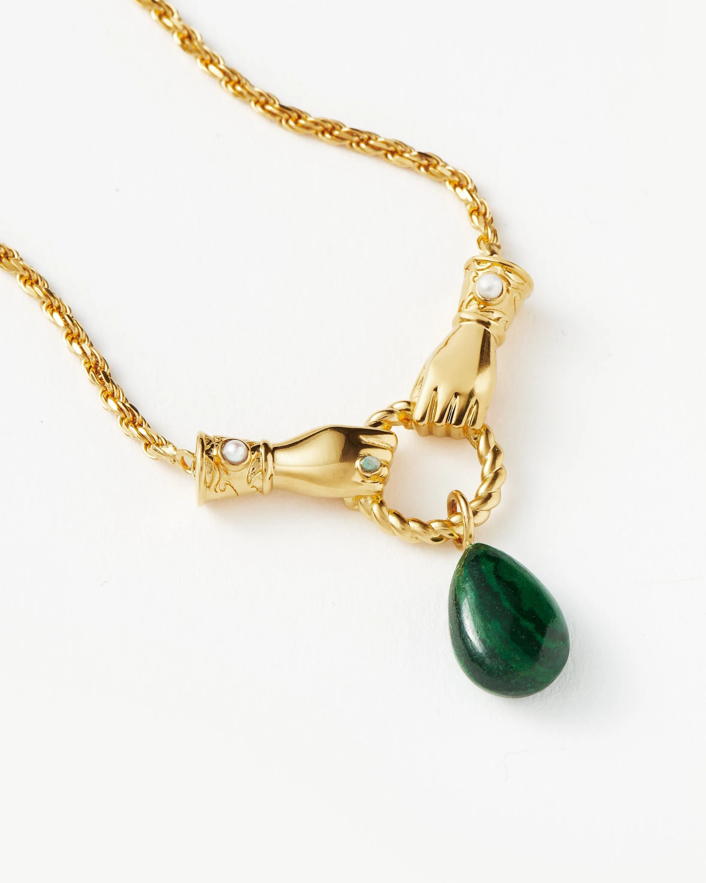 Harris Reed In Good Hands Drop Pendant Necklace | 18ct Gold Plated/Malachite & Pearl