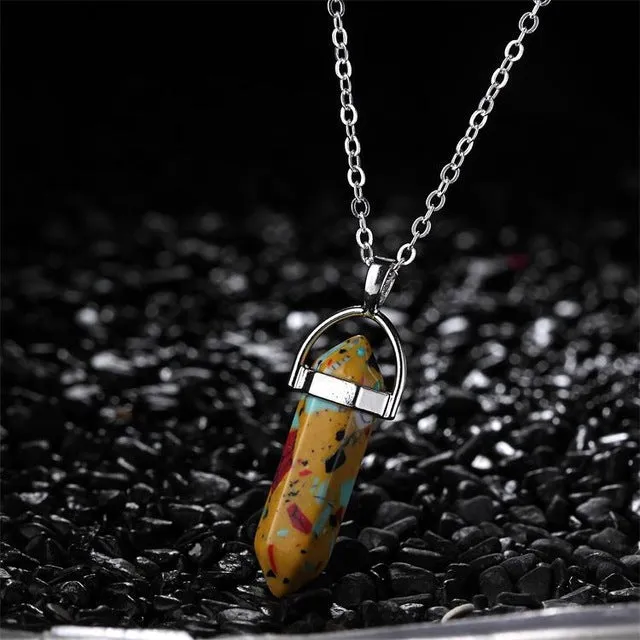 Hexagonal Column Natural Crystal Tiger Eye turquoises pendentif amethyste Stone Pendant Chains Necklace For Women Jewelry