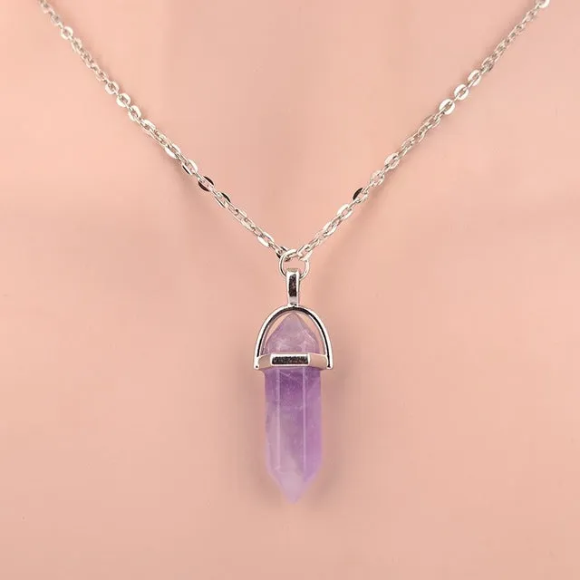 Hexagonal Column Natural Crystal Tiger Eye turquoises pendentif amethyste Stone Pendant Chains Necklace For Women Jewelry