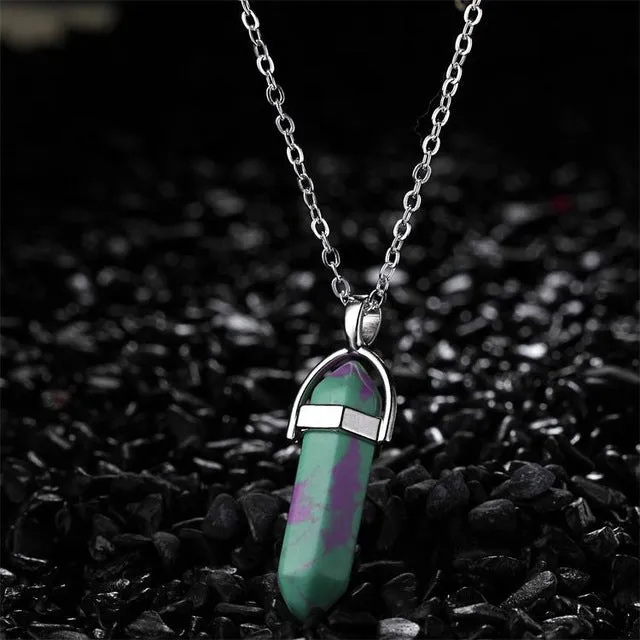 Hexagonal Column Natural Crystal Tiger Eye turquoises pendentif amethyste Stone Pendant Chains Necklace For Women Jewelry