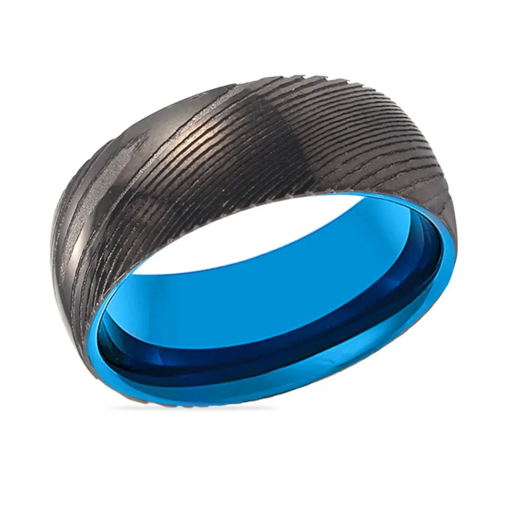 LIVIA | Blue Tungsten Ring, Gunmetal Damascus Steel Ring, Domed