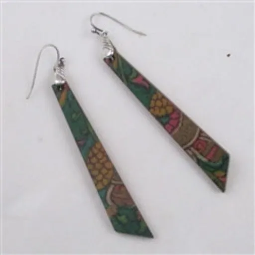 Long Silk Covered Wood Dangle Earrings Green Patina