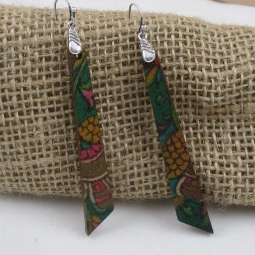 Long Silk Covered Wood Dangle Earrings Green Patina