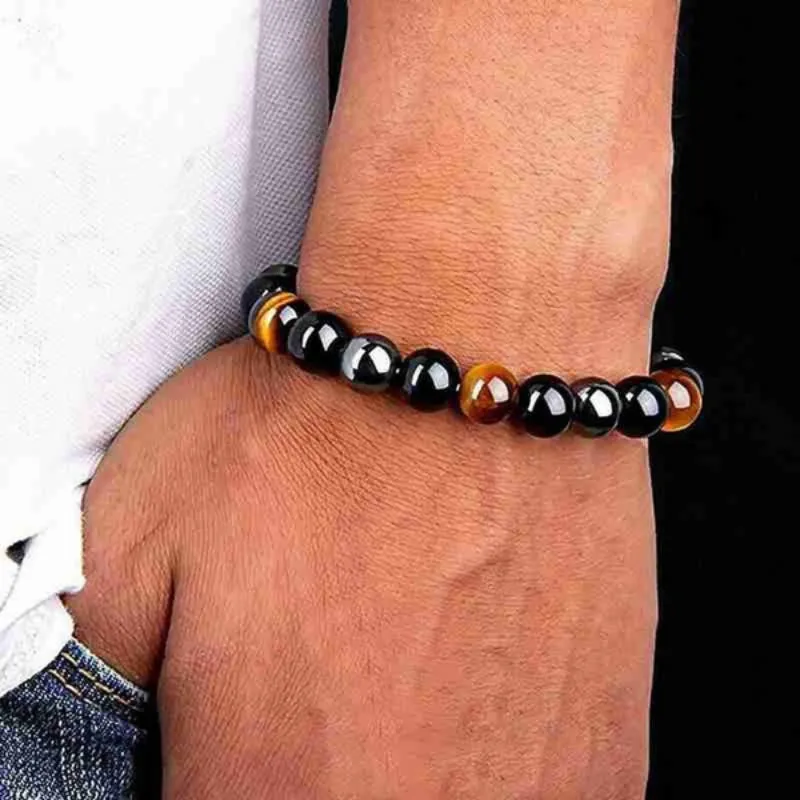 Mens Black Obsidian Tigers Eye Bracelet  Fashionable Natural Stone Jewelry