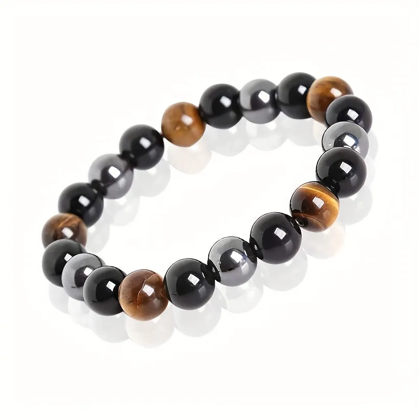 Mens Black Obsidian Tigers Eye Bracelet  Fashionable Natural Stone Jewelry