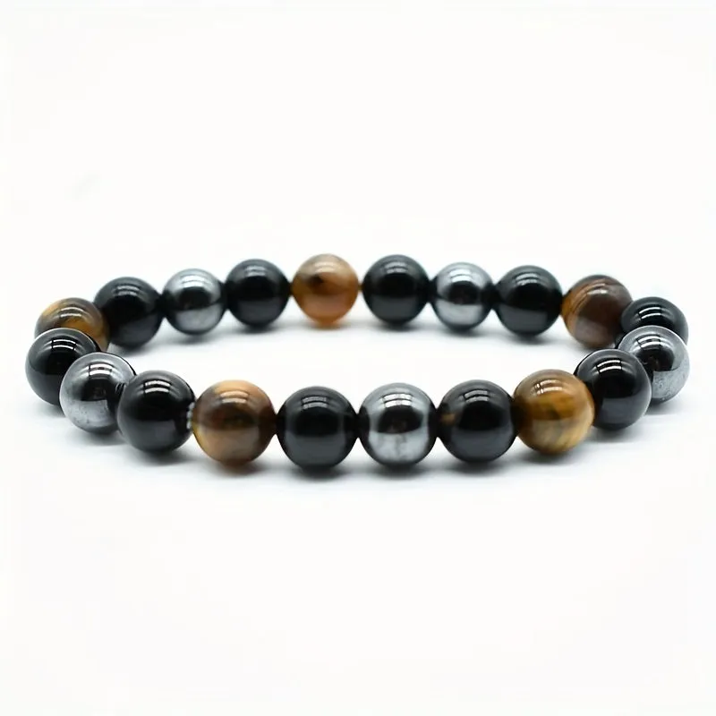 Mens Black Obsidian Tigers Eye Bracelet  Fashionable Natural Stone Jewelry