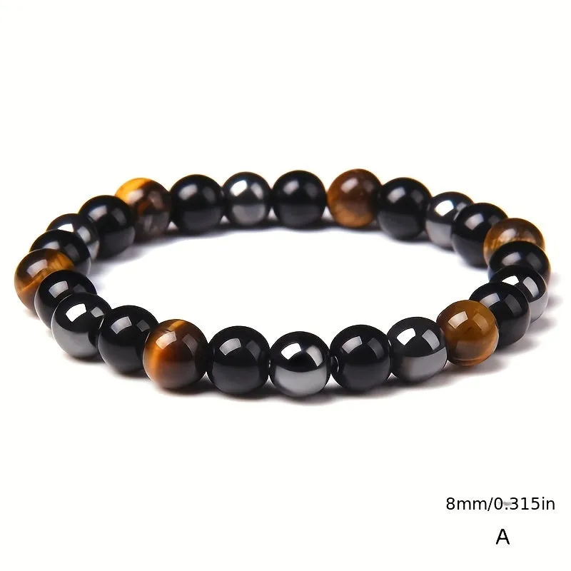 Mens Black Obsidian Tigers Eye Bracelet  Fashionable Natural Stone Jewelry