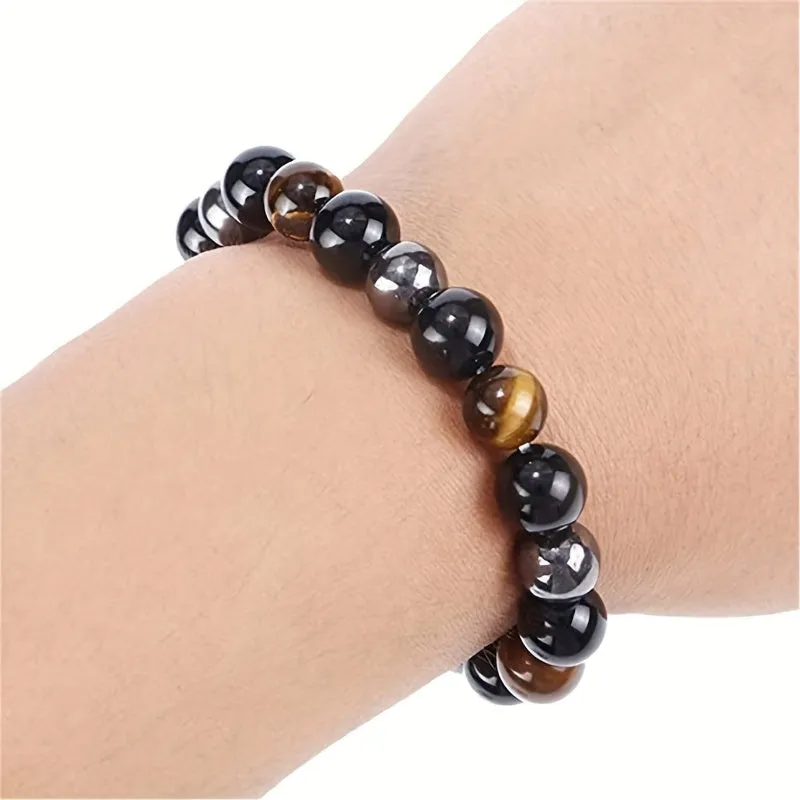 Mens Black Obsidian Tigers Eye Bracelet  Fashionable Natural Stone Jewelry