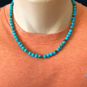 Mens Blue Mosaic Shell and Wood Beaded Necklace