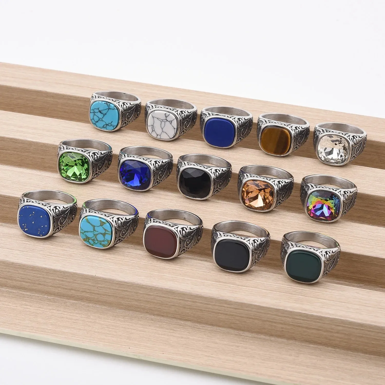 Men's High Quality 316L Stainless Steel Multi-color Gemstone Style Rings