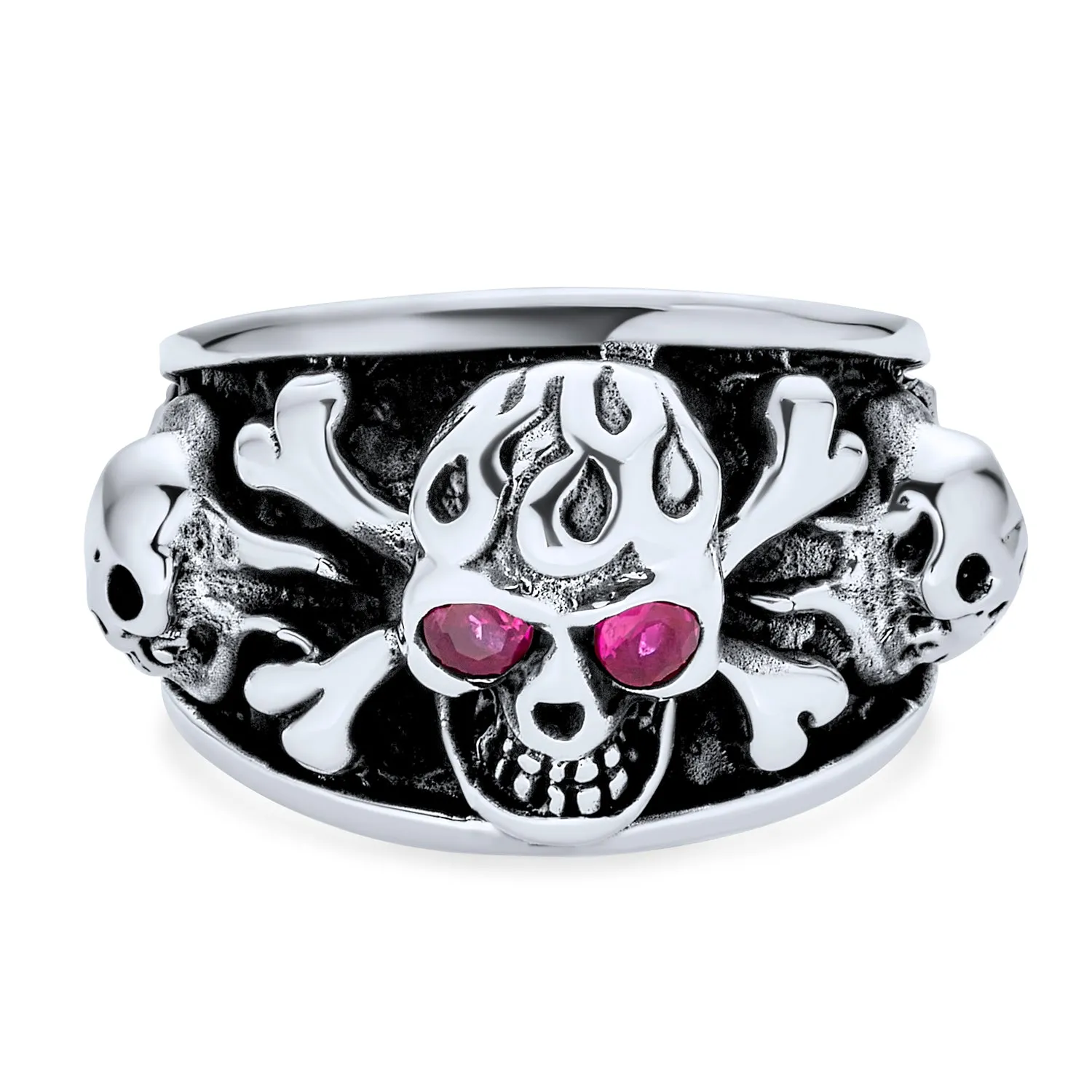 Mens Stainless Steel Punk Rocker Biker Ring with Simulated Red Ruby CZ Eyes