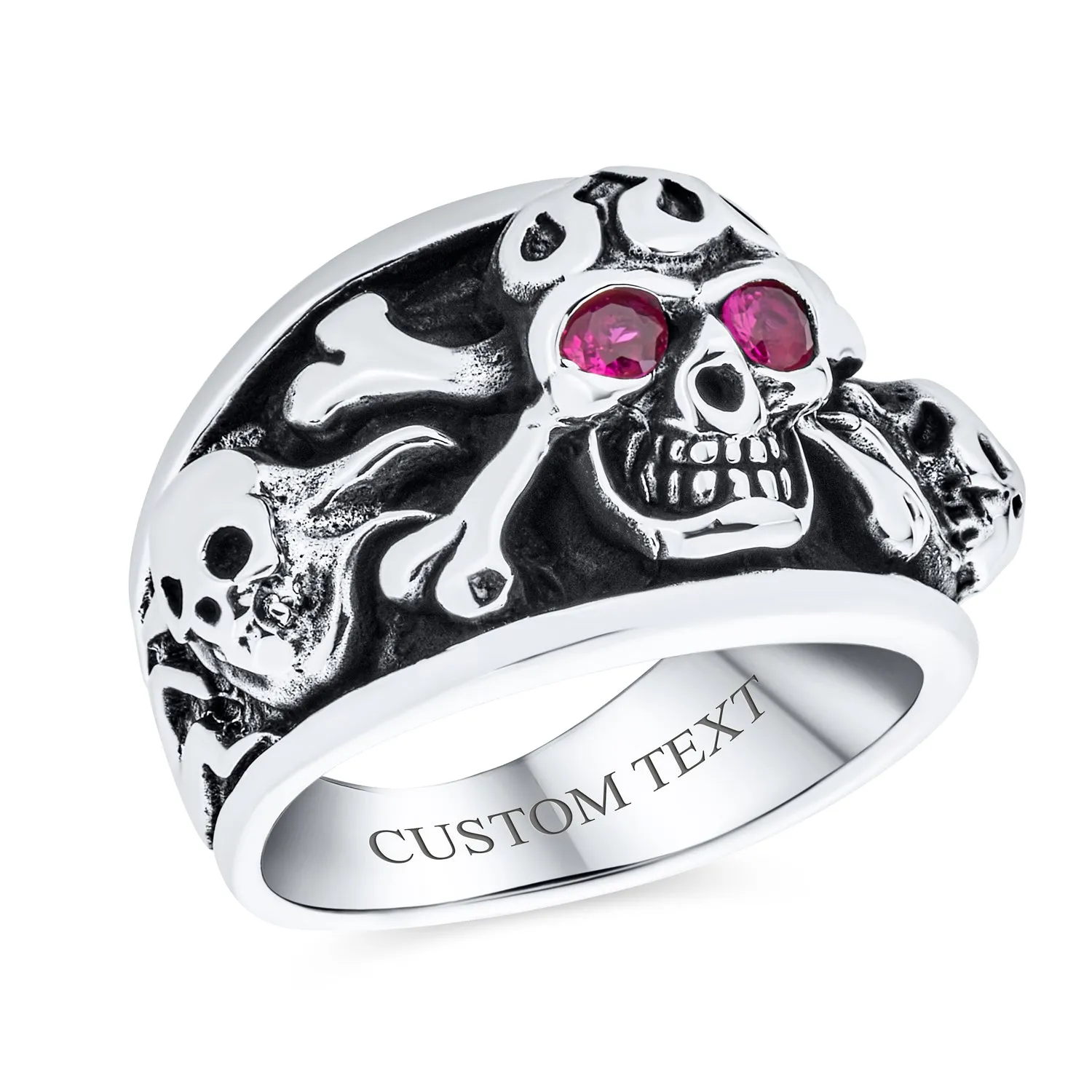 Mens Stainless Steel Punk Rocker Biker Ring with Simulated Red Ruby CZ Eyes