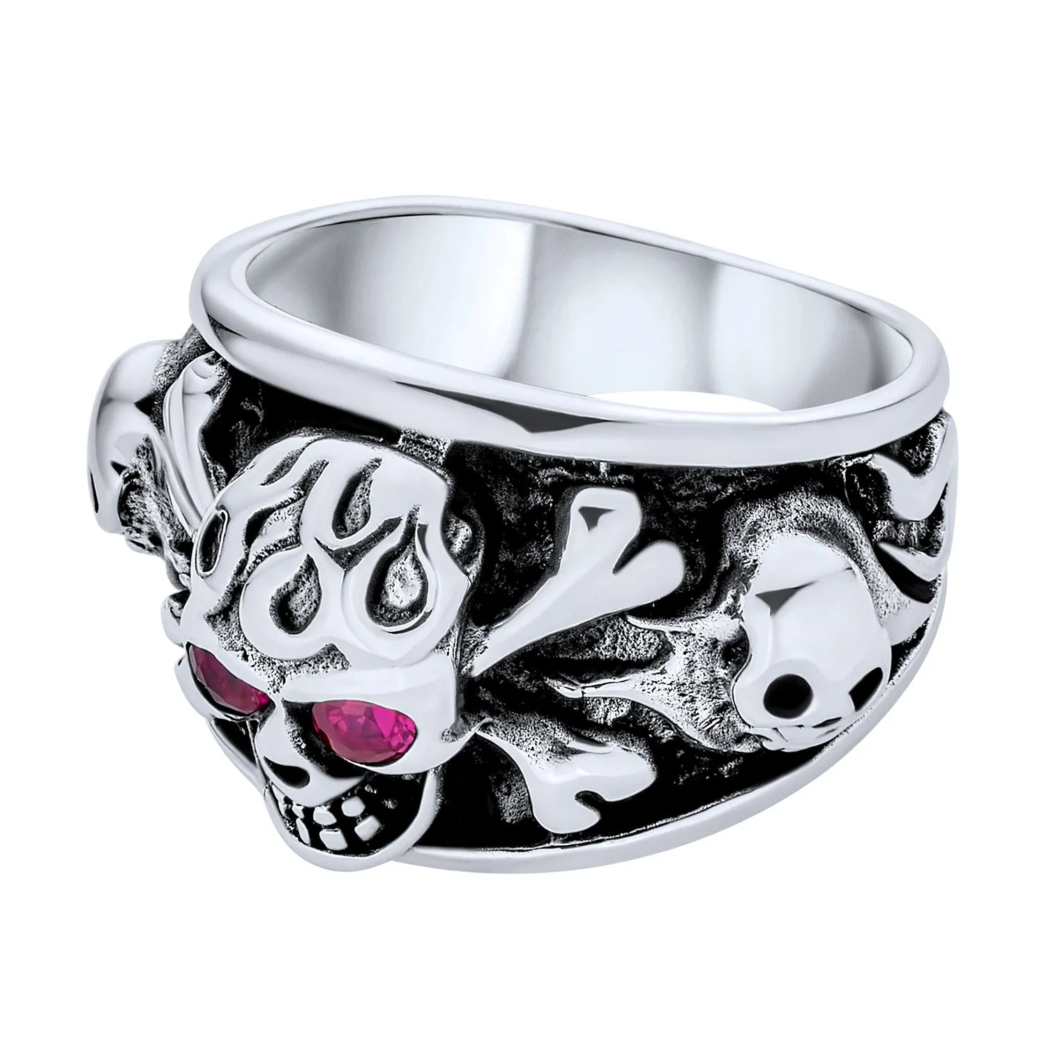 Mens Stainless Steel Punk Rocker Biker Ring with Simulated Red Ruby CZ Eyes