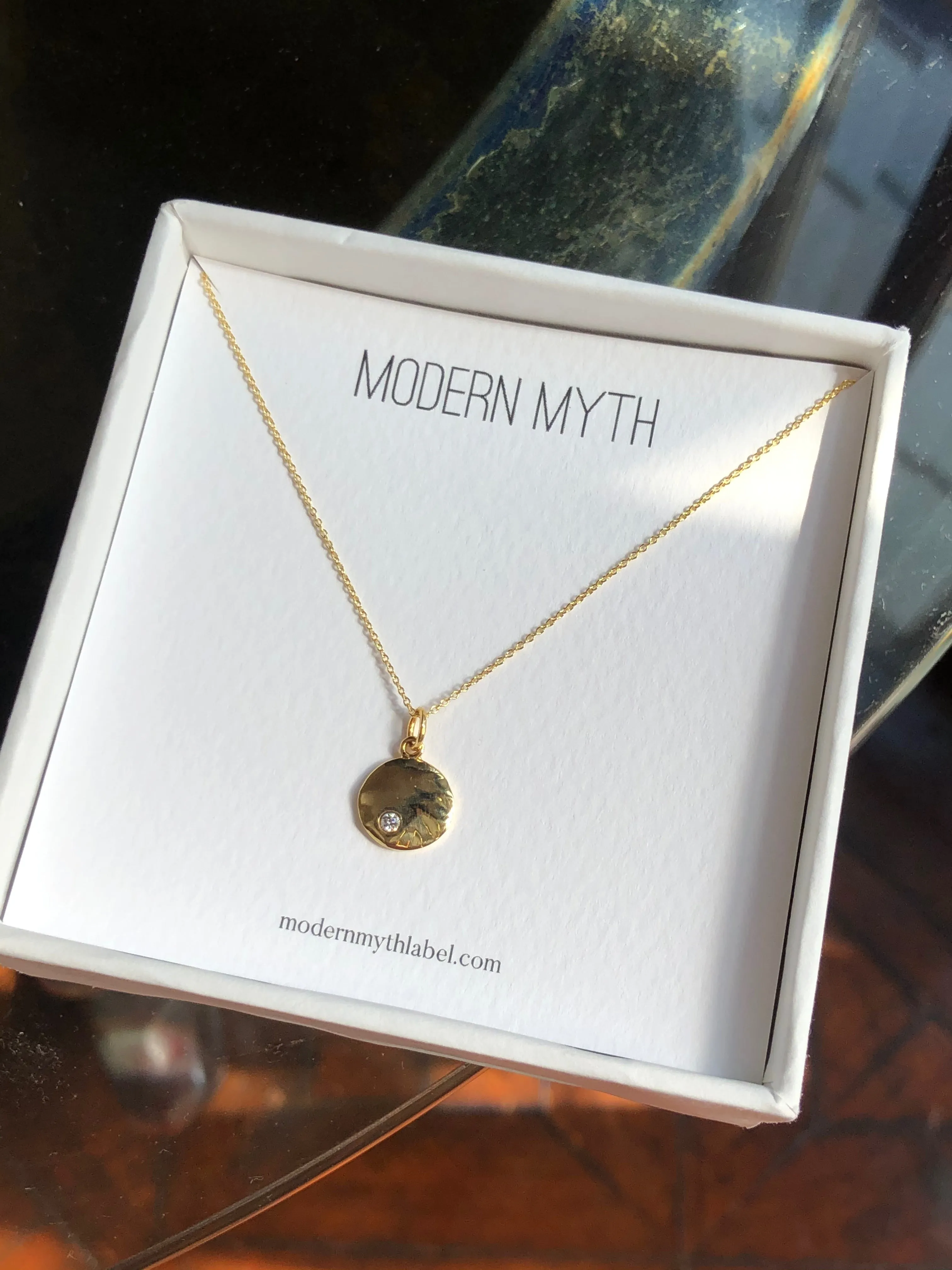 Mini Disc with Diamond Pendant Necklace, Solid Gold