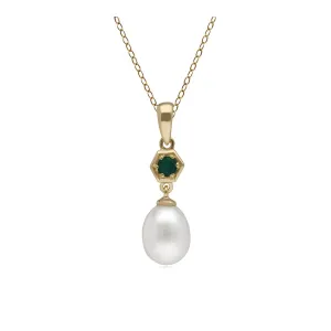 Moderne Perle & Gefärbter Grüner Chalcedon Tropfen Anhänger in 9ct Gelb Gold