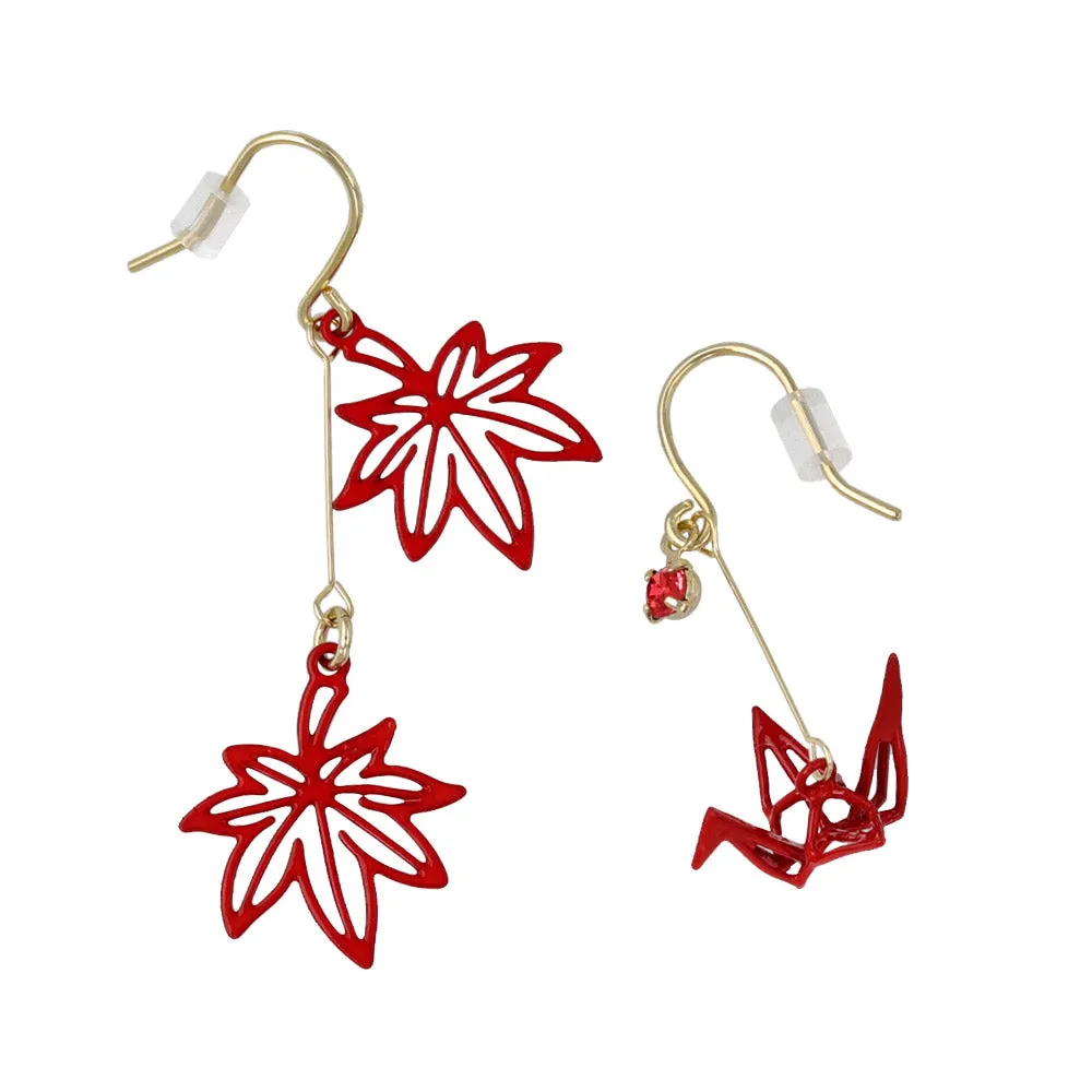 Momiji and Origami Crane Mismatched Earrings