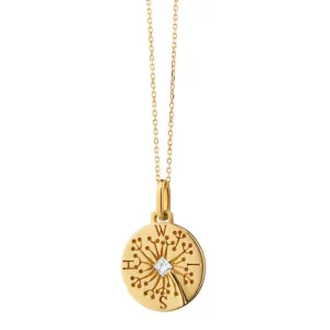 Monica Rich Kosann 18K Yellow Gold Round Wish Intaglio Charm with Dandelion and Princess Cut Diamond