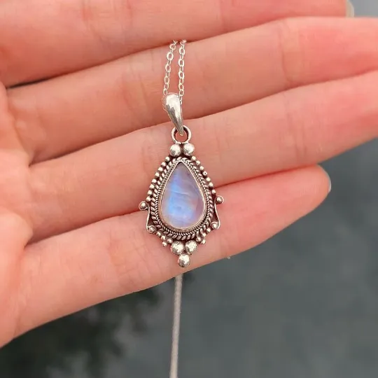 Natural Bezel Set Teardrop Rainbow Moonstone Boho Style Pendants - 925 Solid Sterling Silver Pendant